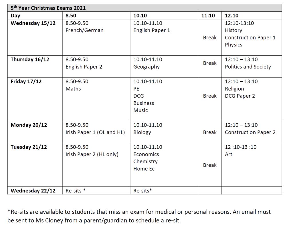 5th Year Christmas Exam Timetable 2021 | Newpark Comprehensive School ...